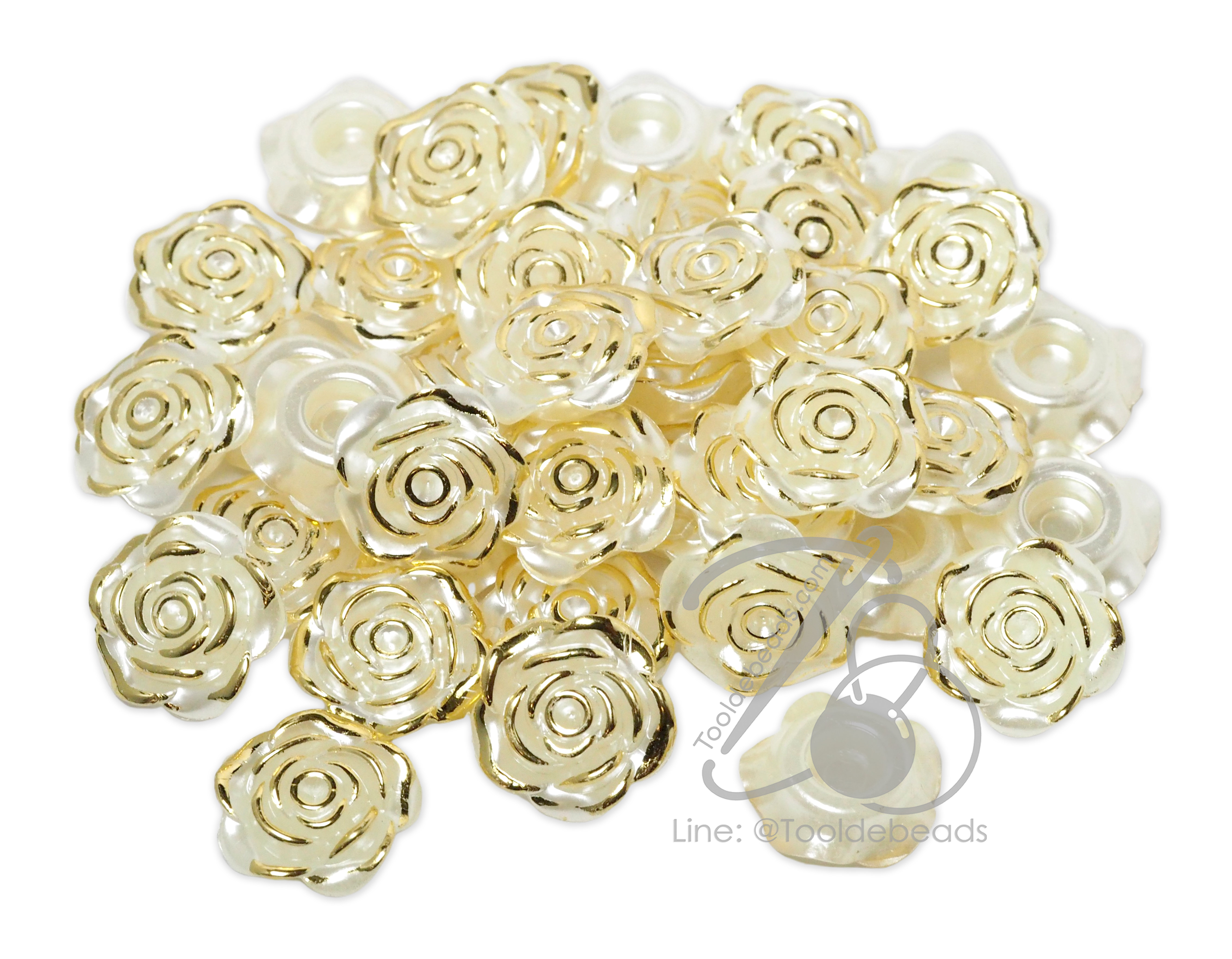 ลูกปัดมุกพลาสติก 24มม. ลายกุหลาบขอบทอง ร้อยข้าง สีครีม (80 กรัม) SKU-17859