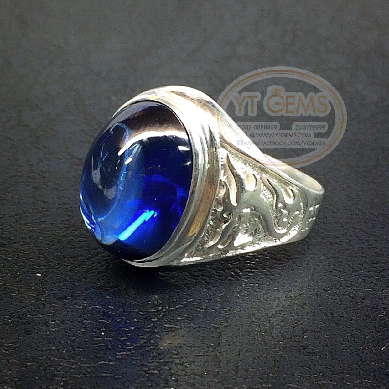 แหวนเงินแท้92.5% ข้างแกะลายมังกร พลอยไพลิน(cz) YTG-5562 YTGEMS