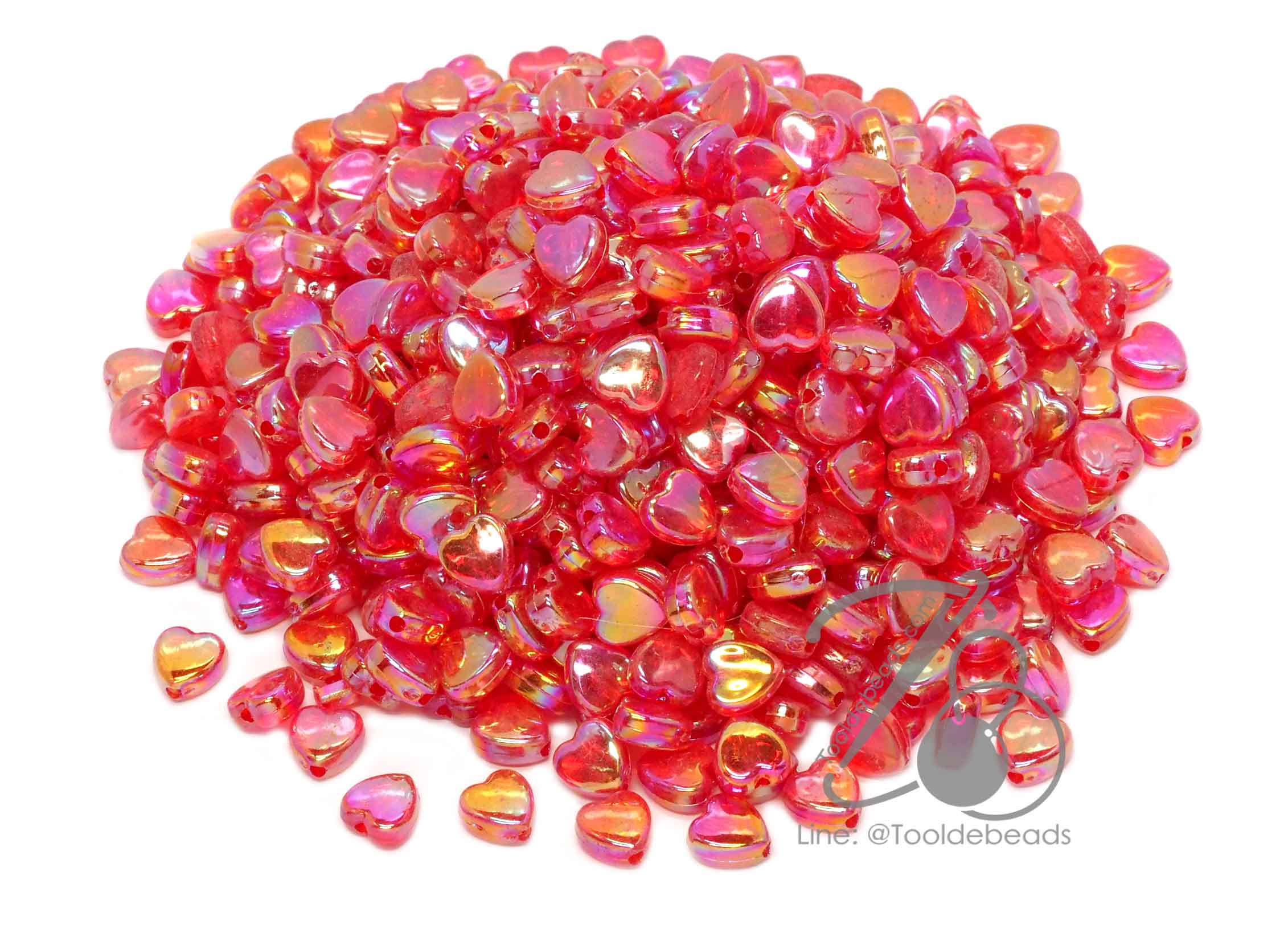 ลูกปัดพลาสติก เคลือบรุ้ง 9มม. ลายหัวใจ สีแดงรุ้งใส (500 กรัม) SKU-13006