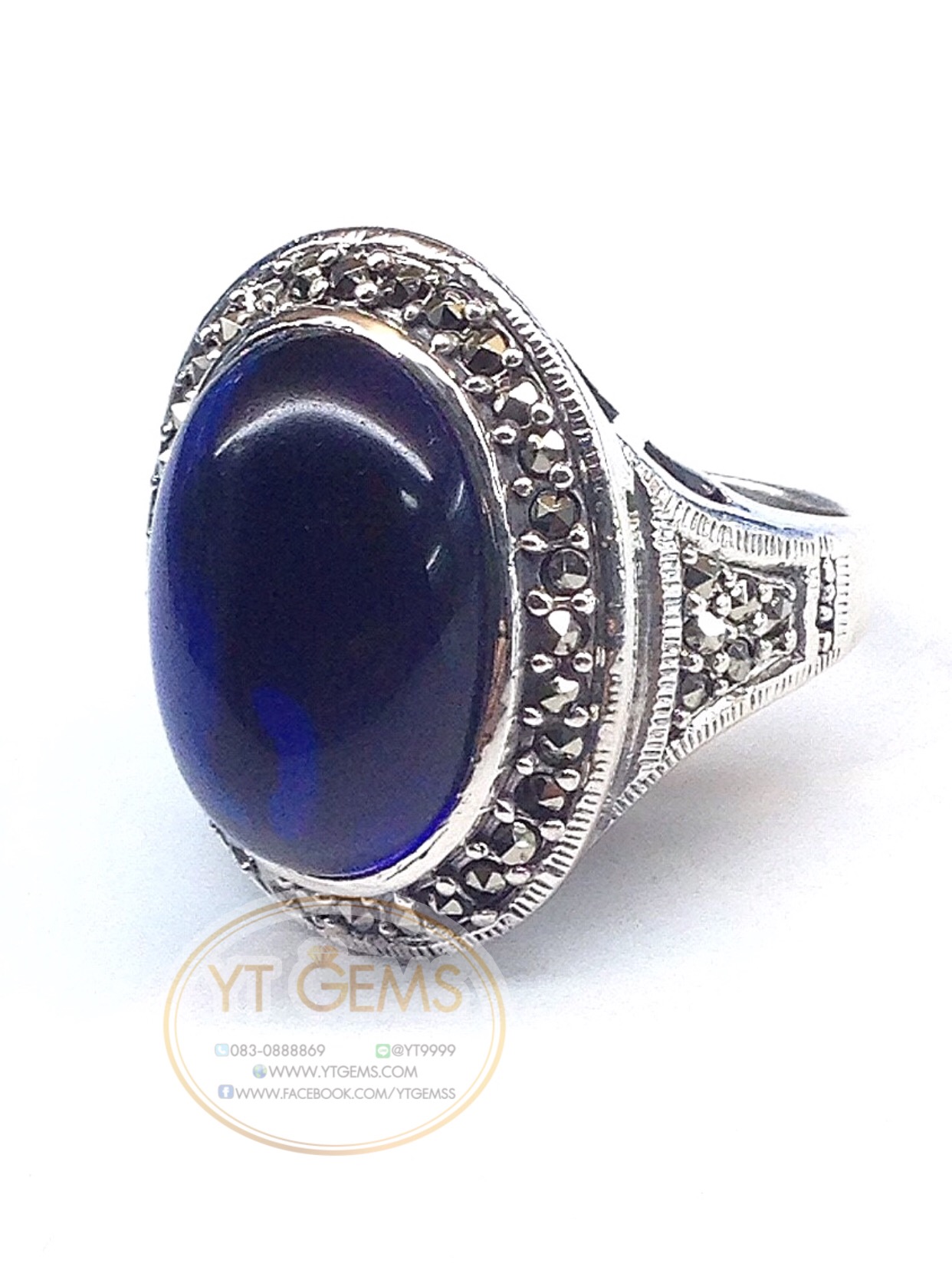 แหวนเงินแท้92.5% รมดำ พลอยไพลิน(cz) ตกแต่งแมกกาไซต์ YTG-5615 YTGEMS