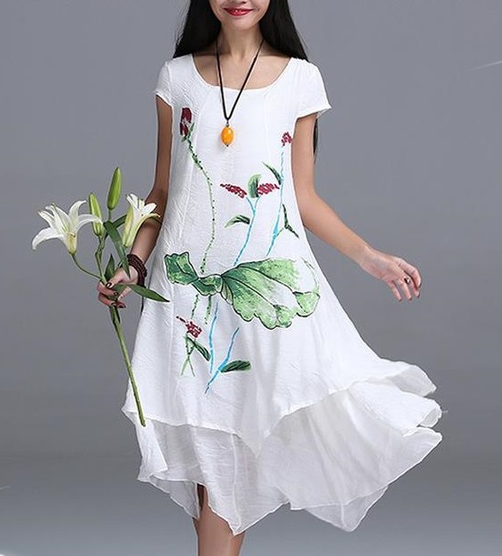 เดรสผ้าลินินผสมผ้าฝ้ายสีขาวพิมพ์ลาย (L)