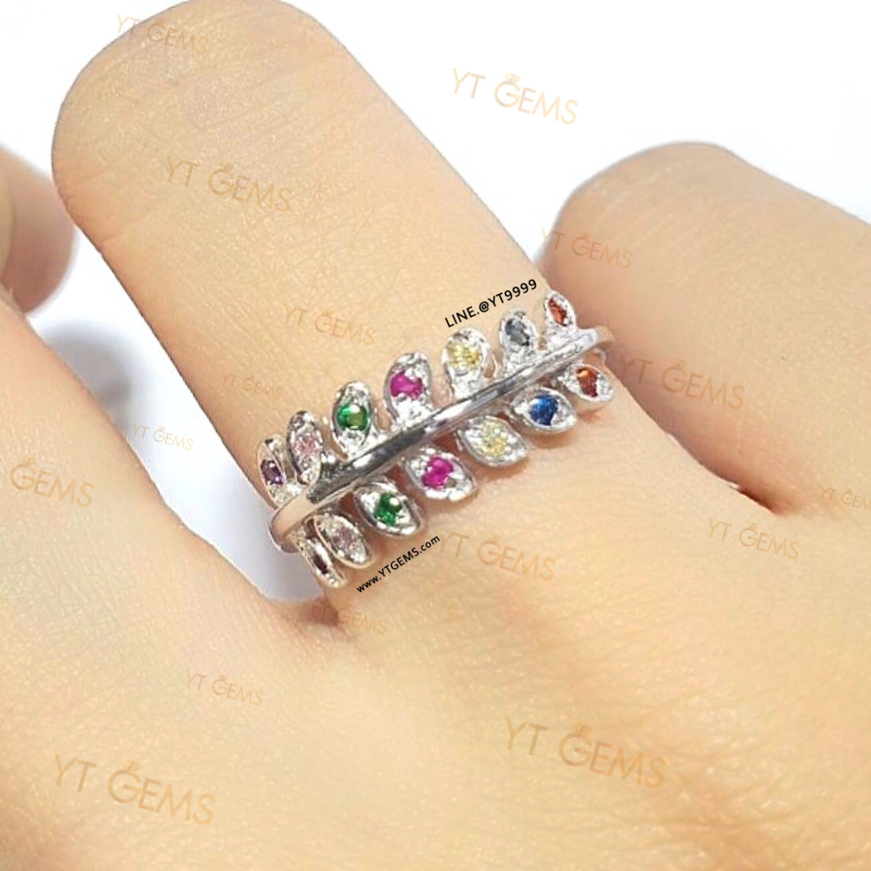 แหวนนพเก้า ใบมะกอก แหวนเงินแท้ พลอยหลากสี (CZ) YTG-11198 YTGEMS