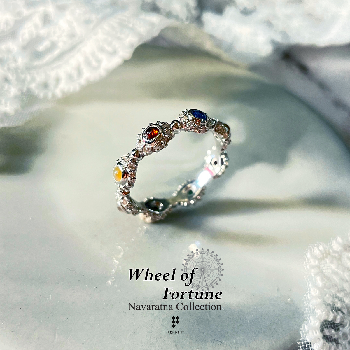 [SALE20%]แหวนนพเก้า ชุด Wheel of Fortune IV พลอยนพเก้าแท้ตามตำรา ล้อมเพชรรอบวง เงินชุบทองคำขาว เสริมโชคลาภสิริมงคล