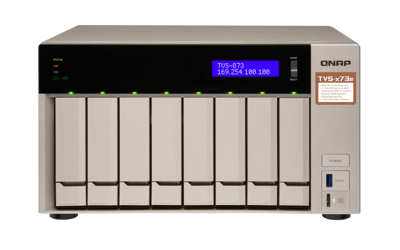 TVS-873e A powerful business NAS with an AMD RX-421BD quad-core APU, up to 64GB DDR4 RAM, and supports dual PCIe slots, USB QuickAccess and HDMI 4K output.
