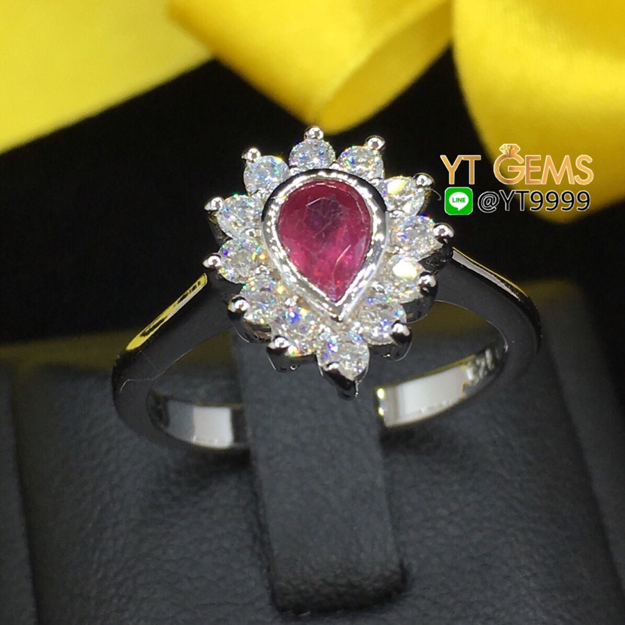 แหวนทับทิม หยดน้ำ ล้อมเพชร แหวนเงินแท้ ชุบทองคำขาว พลอยทับทิมแท้ YTG-3149 YTGEMS