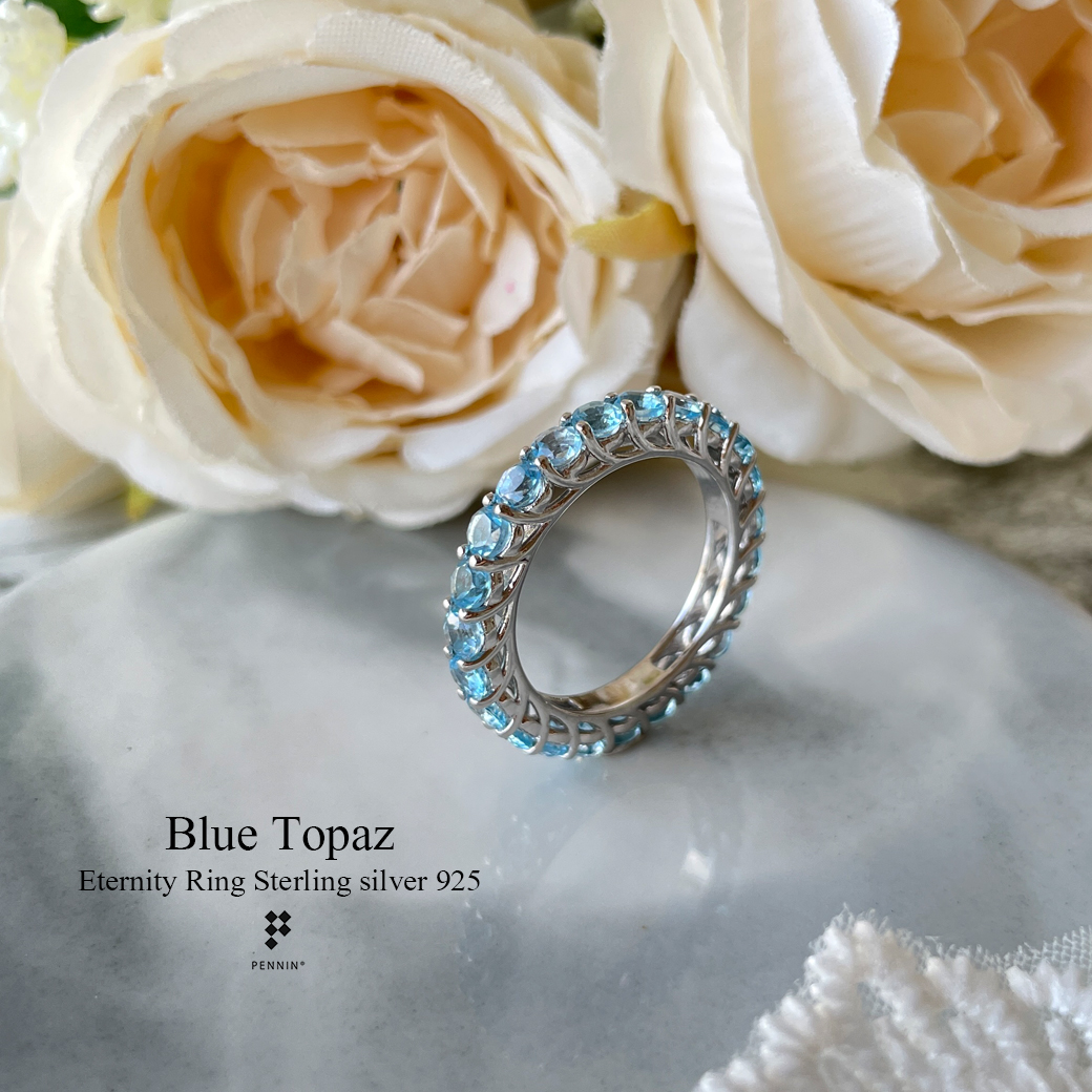 EYANA: Eternity Ring : แหวนบลูโทแพซ (Blue Topaz) ฝังพลอยรอบวง เงินแท้ 925 ชุบทองคำขาว นำโชคลาภสู่เจ้าของไม่มีที่สิ้นสุด
