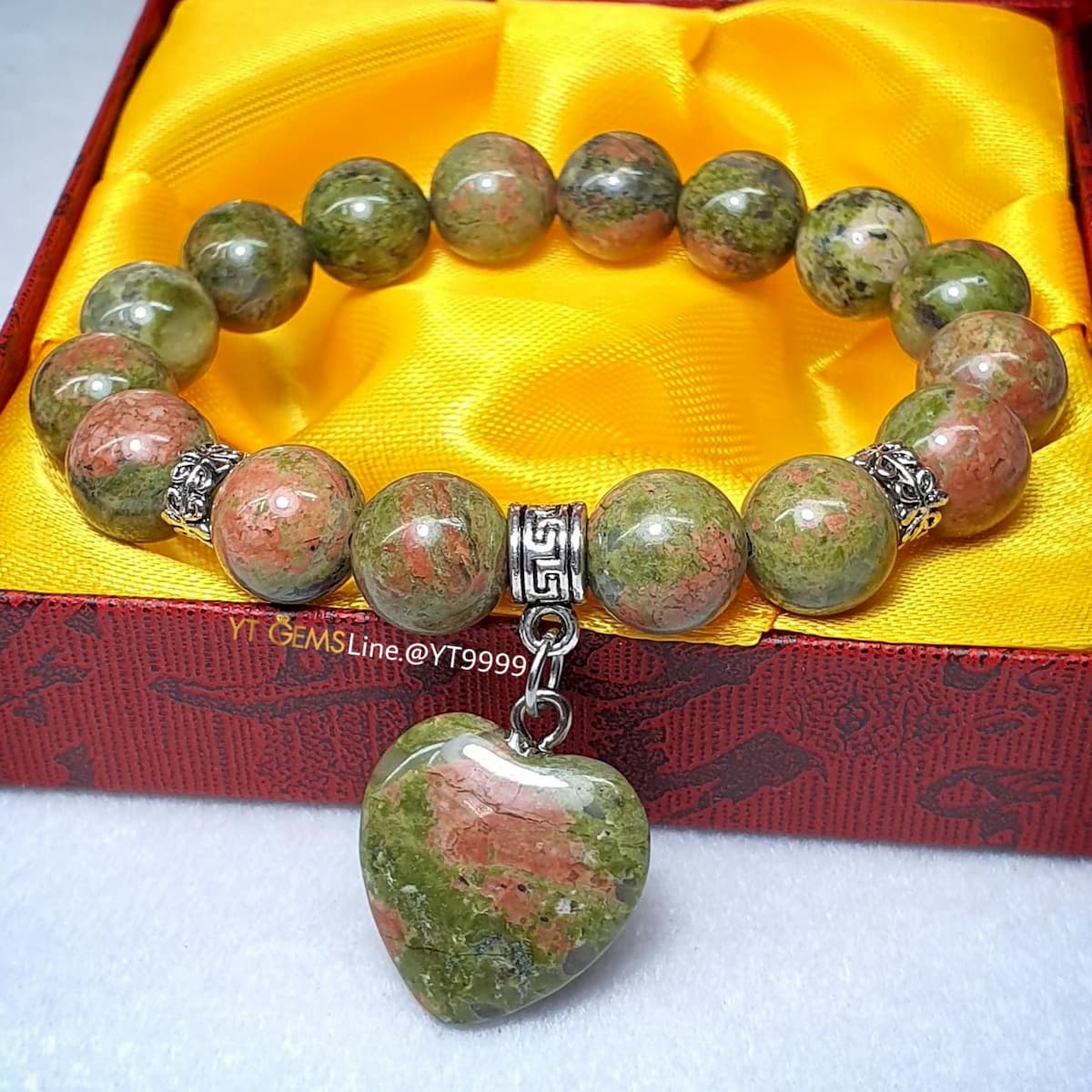 สร้อยข้อมือยูนาไคต์แท้ + จี้หัวใจ ขนาดหิน 10 มม. YTG-10935 YTGEMS