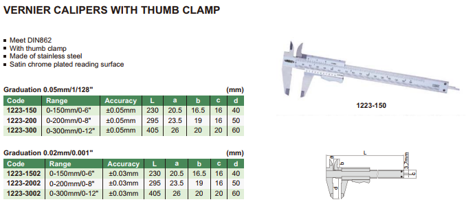 INSIZE เวอร์เนียแบบมีที่จับนิ้วหัวแม่มือ (Vernier Caliper With Thumb Clamp) ระยะ 0-150mm/0-6" รุ่น 1223-150