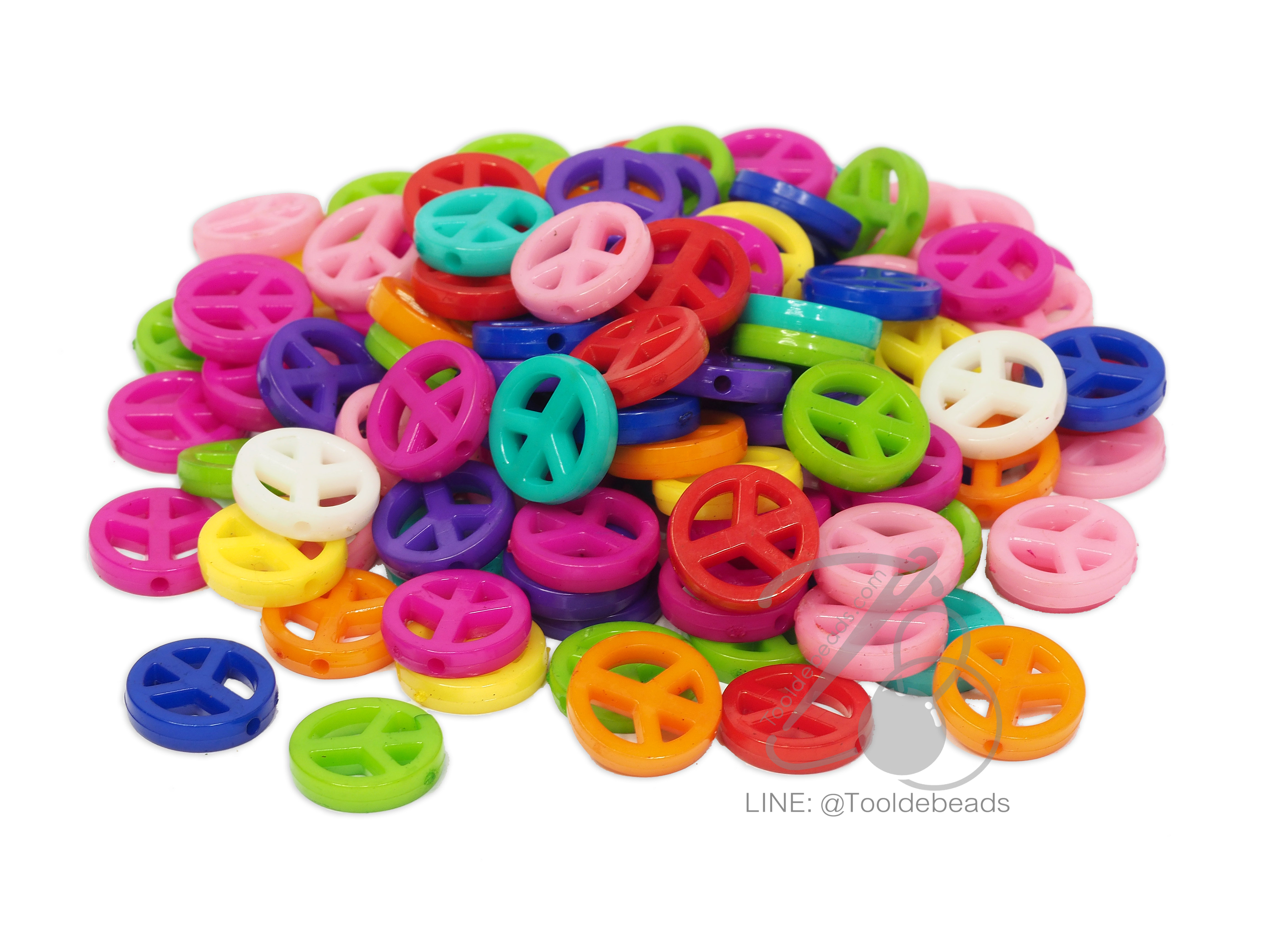 ลูกปัดอะคริลิค 15มม. ลายPEACE คละสีสด (100 กรัม) SKU-06849