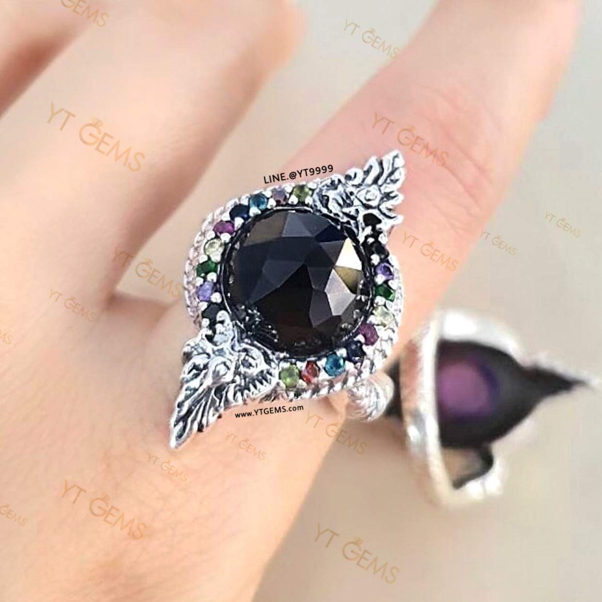 แหวนบ่วงนาคบาศ โอบนิลแท้ ล้อมนพเก้า(CZ) แหวนเงินแท้ รมดำ YTG-11477 YTGEMS