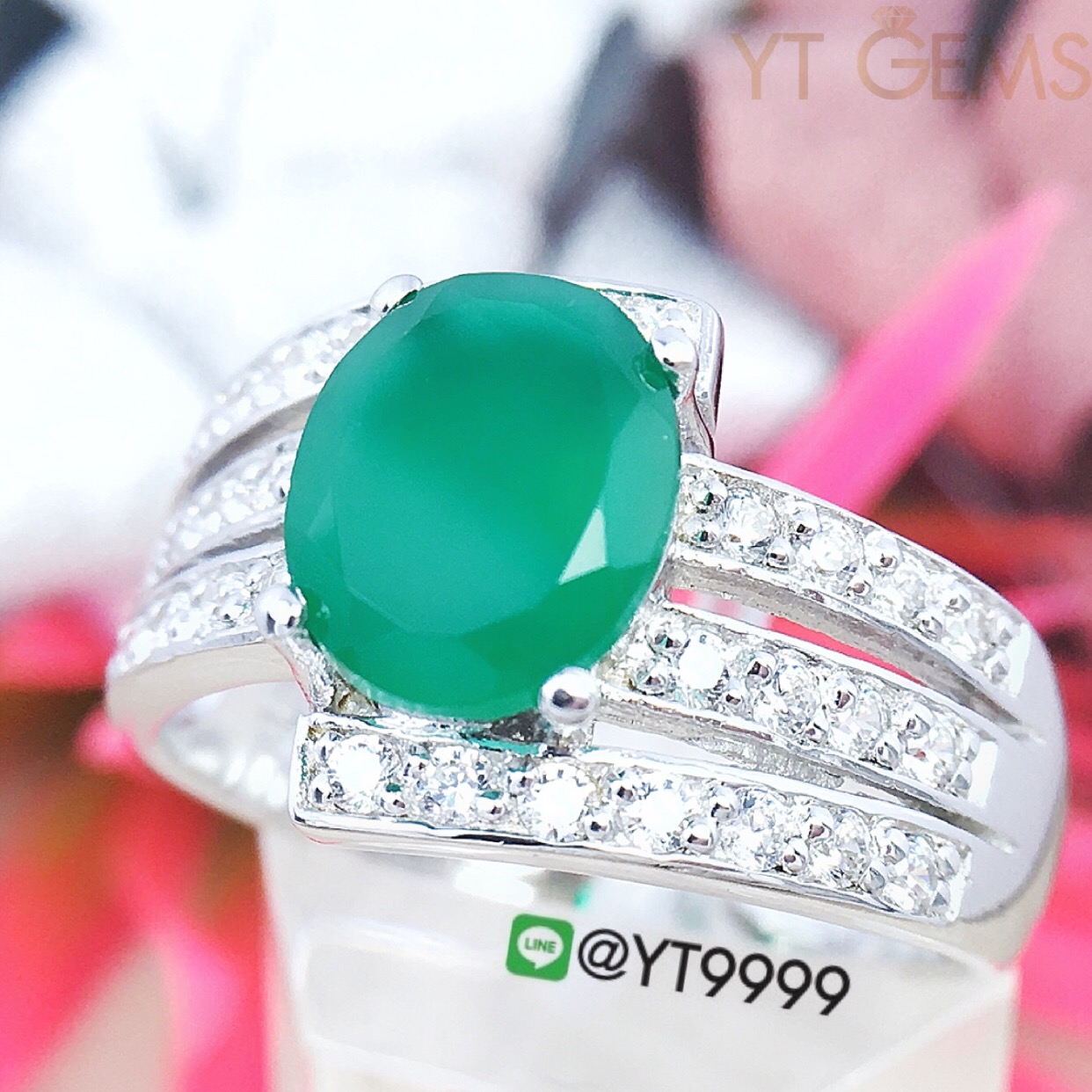 แหวนกรีนอาเกต แหวนเงินแท้ ชุบทองคำขาว พลอยกรีนอาเกตแท้ YTG-8421 YTGEMS