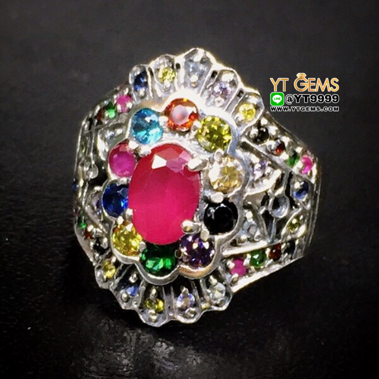 แหวนนพเก้า แหวนเงินแท้ 92.5% รมดำ ประดับ พลอยหลากสี(cz) YTG-10015 YTGEMS