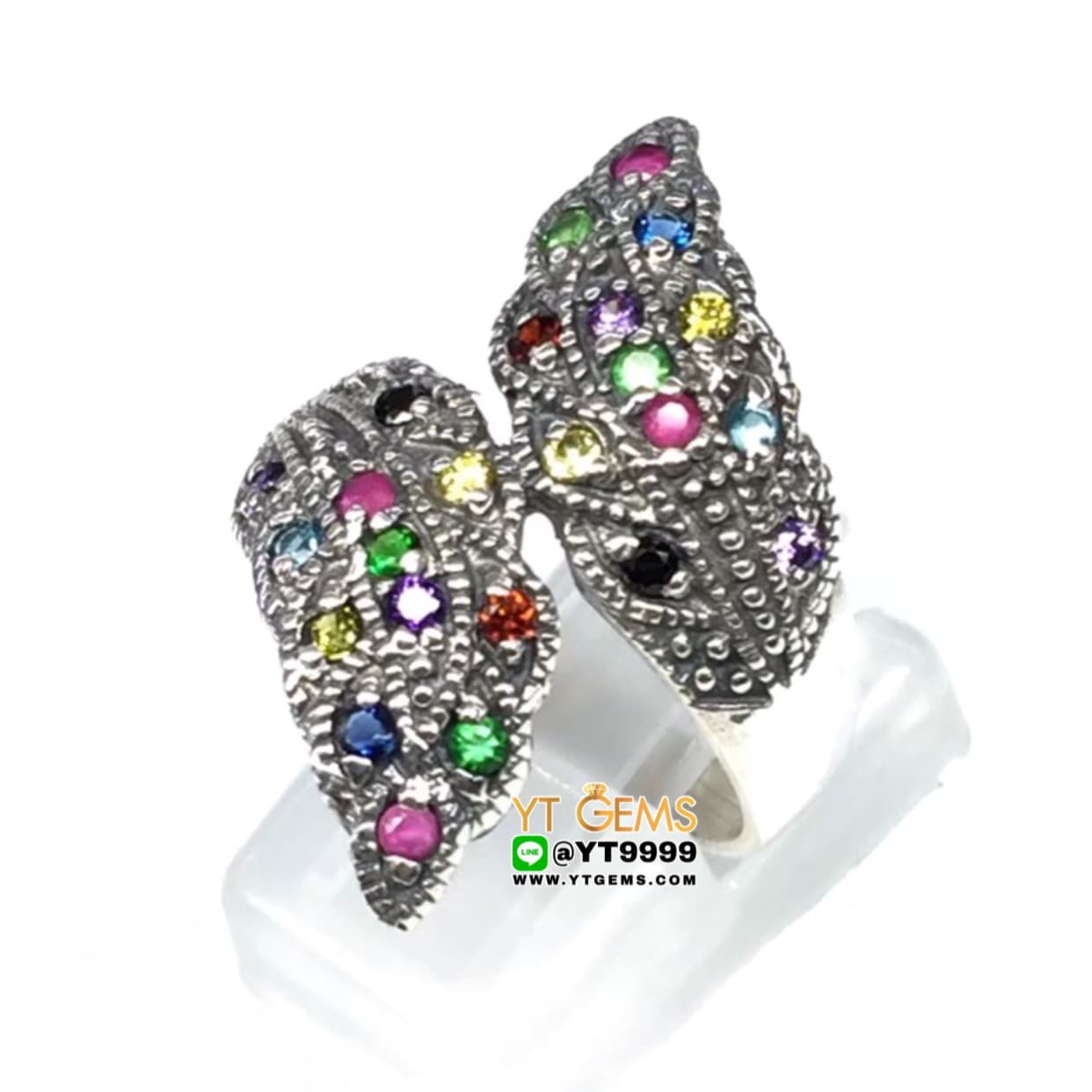 แหวนใบมะกอก นพเก้า พลอยหลากสี แหวนเงินแท้ รมดำ พลอยหลากสี (CZ) YTG-4425 YTGEMS