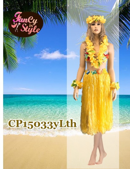International Costume กระโปรงฮาวายแบบหนาสีเหลือง ยาว 30 นิ้วรวมsetมาลัยดอกไม้