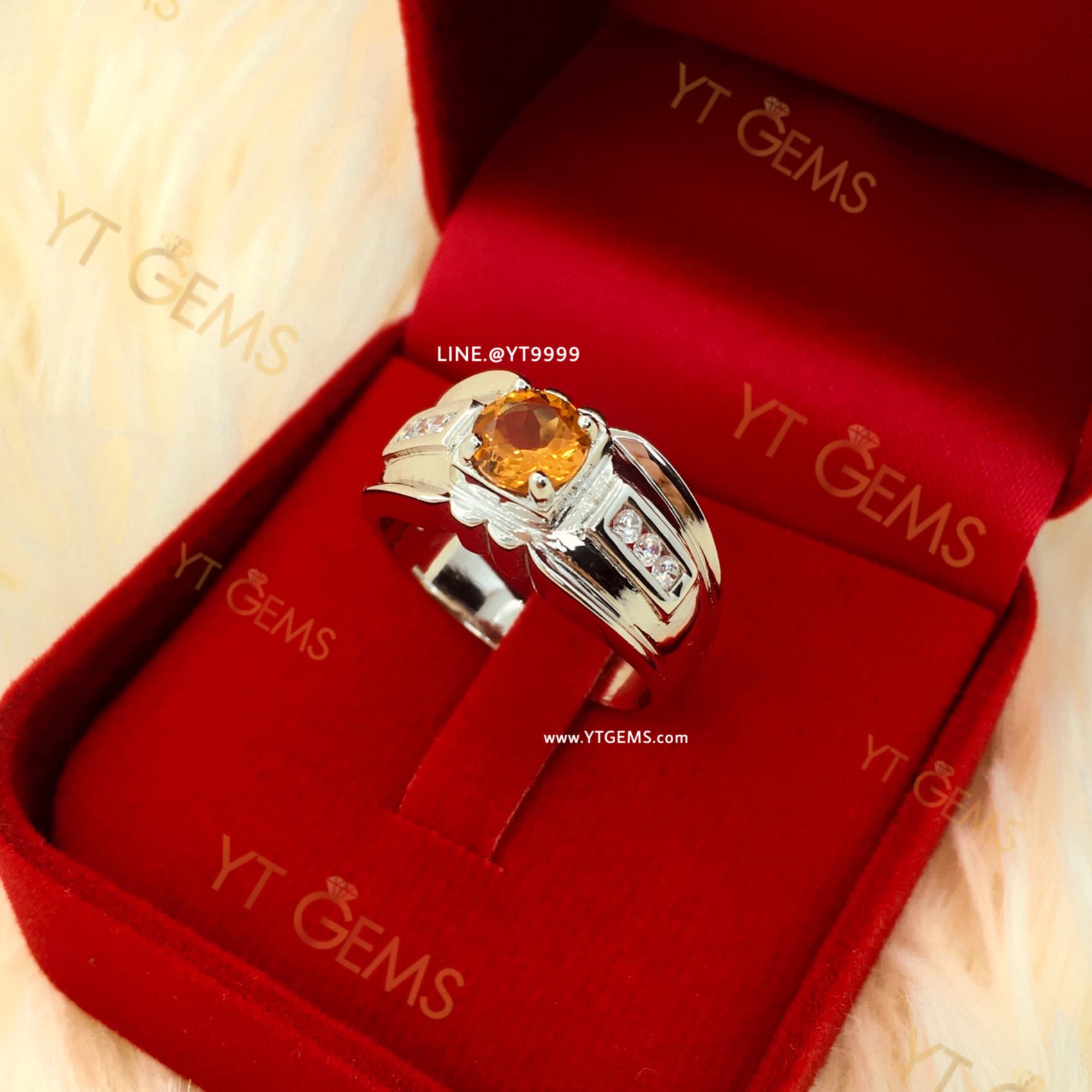 แหวนซิทรินสีส้ม ข้างเพชร แหวนเงินแท้ ชุบทองคำขาว พลอยซิทรินแท้ YTG-11597 YTGEMS