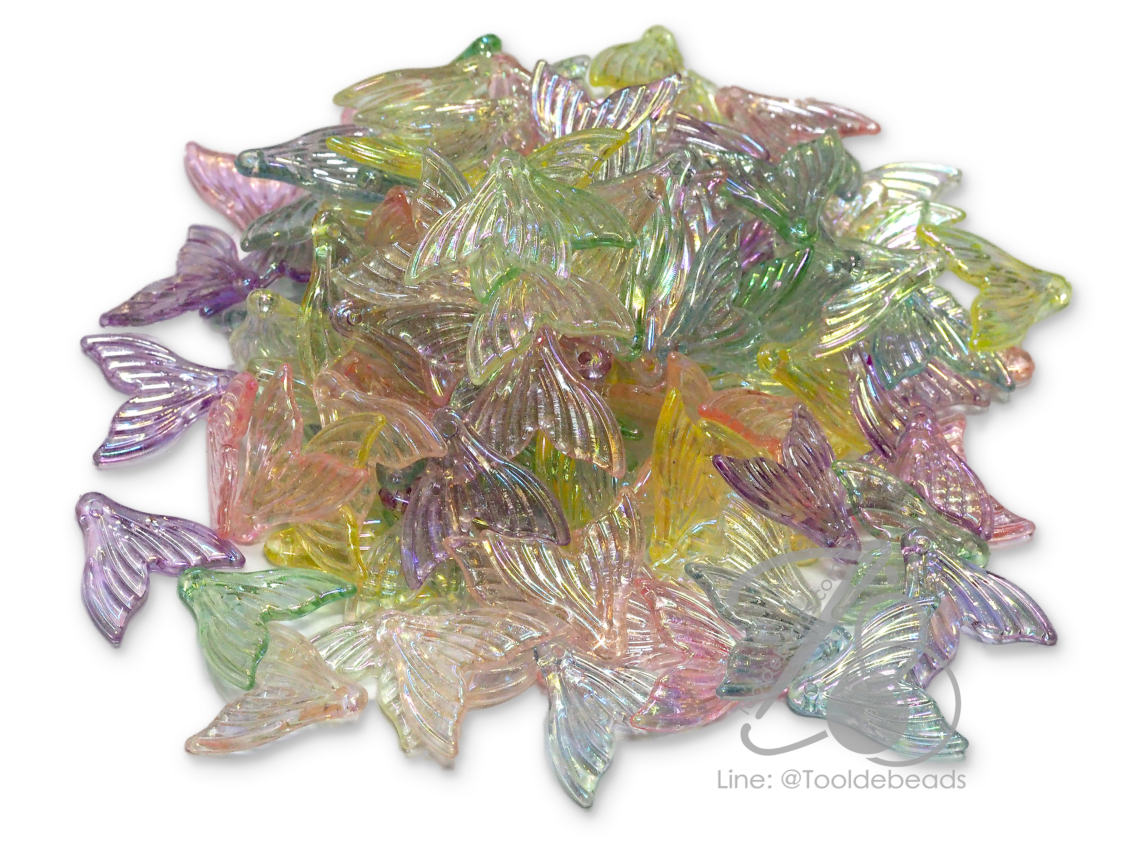 ลูกปัดพลาสติก เคลือบรุ้ง 21มม. ลายหางปลา คละสีใสรุ้ง (500 กรัม) SKU-15843