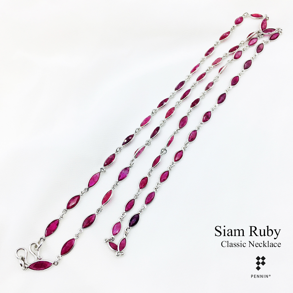 สร้อยคอทับทิมสยาม หรือ ทับทิมจันทบุรี ทรงมาคี 7x5mm หุ้มผ่าหวายเงินแท้ 92.5% ชุบทองขาว ยาว 24" สวย คลาสสิก