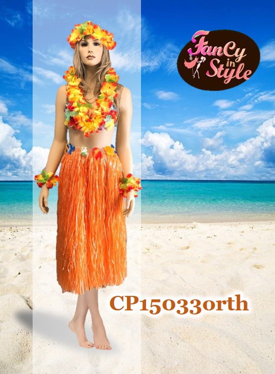 International Costume/กระโปรงฮาวายแบบหนาสีส้ม ยาว 30 นิ้วรวมsetมาลัยดอกไม้