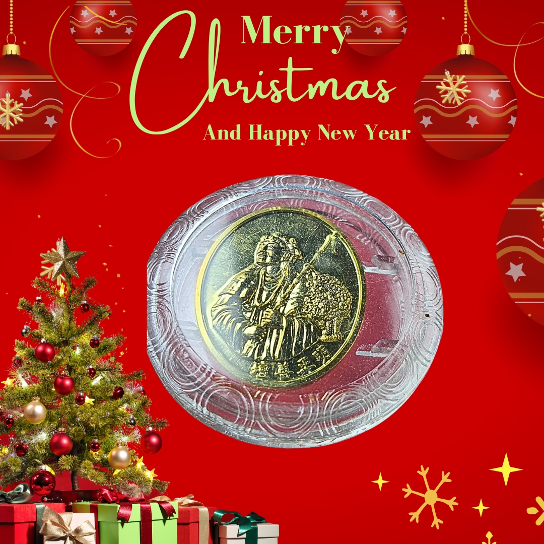 เหรียญหน่าไฉ่ฮั้วโจวซือที่ระลึกงานมหากุศลเก็บศพไร้ญาติมูลนิธิสว่างเที่ยงธรรมสถานอรัญประเทศปีพ.ศ.2558เนื้อกะไหล่ทองขัดเงา