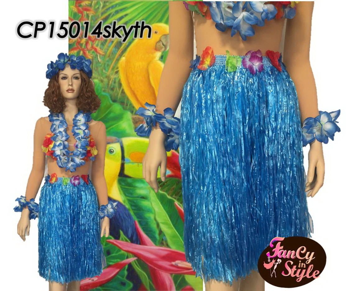 กระโปรงฮาวายอย่างหนา ความยาว 22.5 นิ้วสีฟ้า รวม set มาลัย 4 ชิ้น/Long Skirt Hawaii Costume with flower set