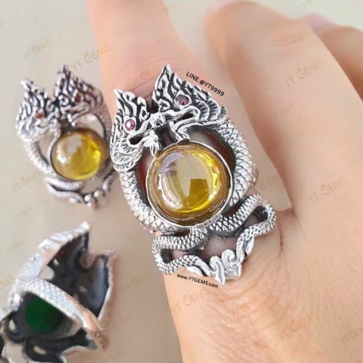 แหวนพญานาคคู่ โอบมณีสีเหลือง บุษราคัม แหวนเงินแท้ รมดำ พลอย(CZ) YTG-11472 YTGEMS
