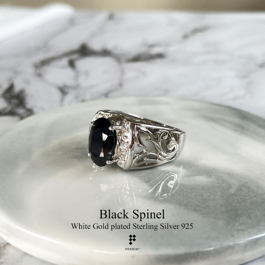 AXION: แหวนพลอยผู้ชาย นิลแท้ กาญจนบุรี ประดับเพชรสวิส CZ ก้านฉลุลายใบไม้ สวยสง่างาม