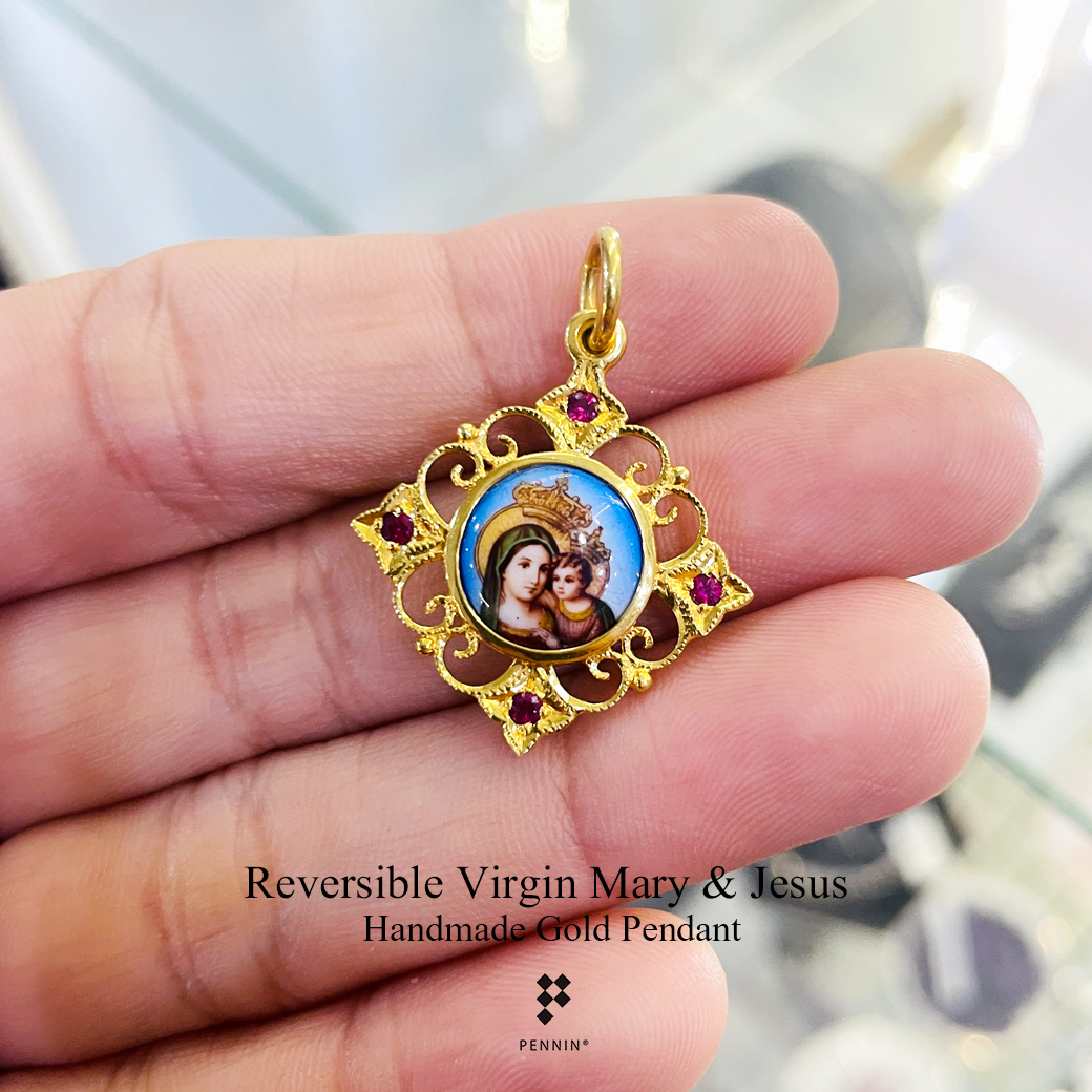 จี้แม่พระกรอบทองกระเบื้องเคลือบอิตาลี แซมทับทิมแท้ รูปแม่พระ และพระเยซู งานขึ้นมือทอง 90