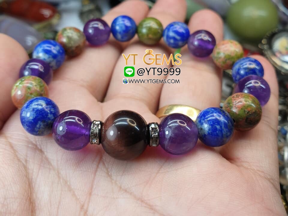 สร้อยข้อมือหินมงคล4ประสาน ตกแต่งล้อเพชรSwiss หินตาเสือแดง 12mm หินยูนาไคต์แท้ หินอเมทิสต์แท้ หินลาพิสแท้ 10mm YTG-7901 YTGEMS