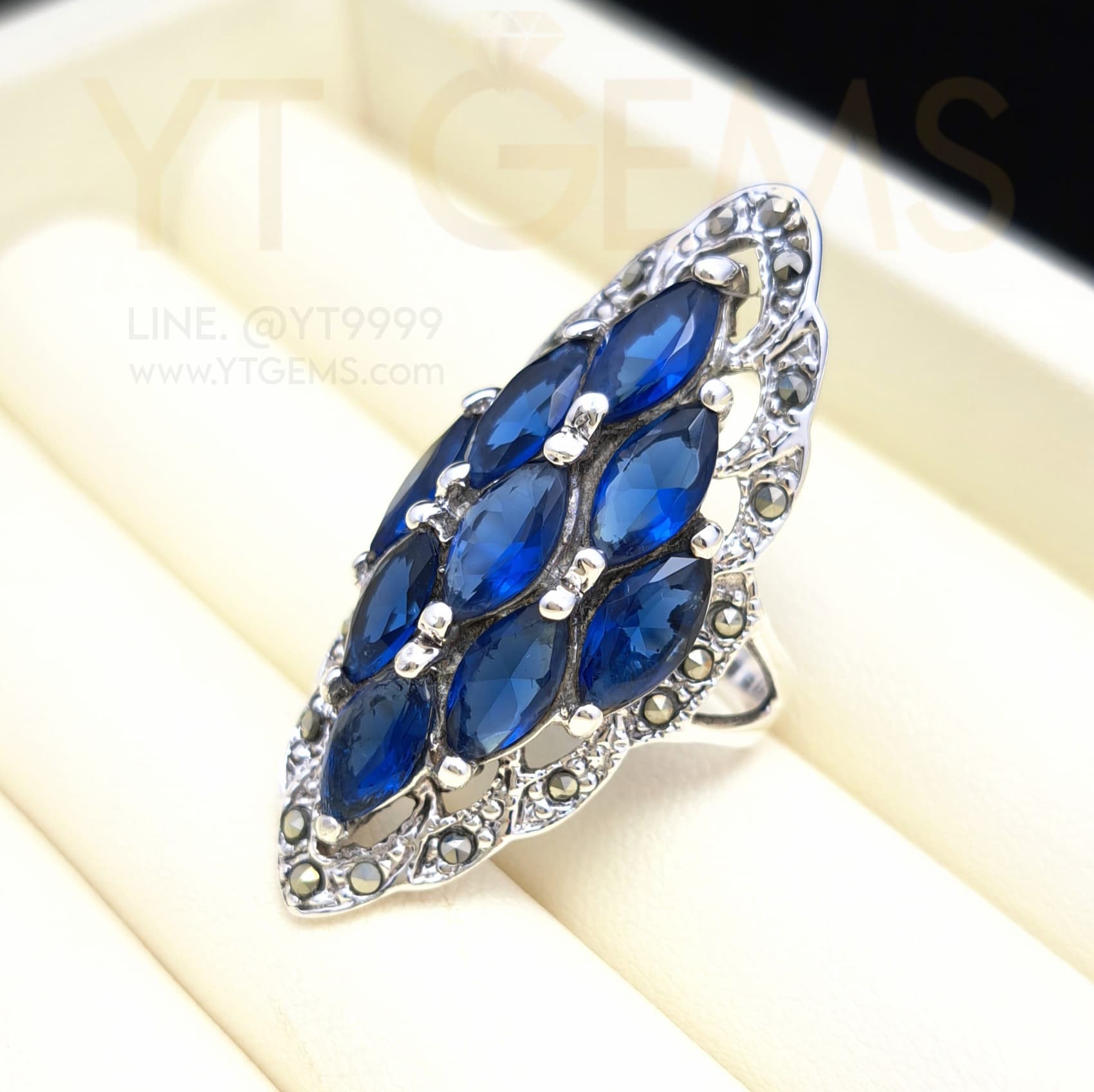 แหวนไพลิน ทรงมาคี แหวนเงินแท้ พลอยไพลิน (CZ) YTG-5569 YTGEMS