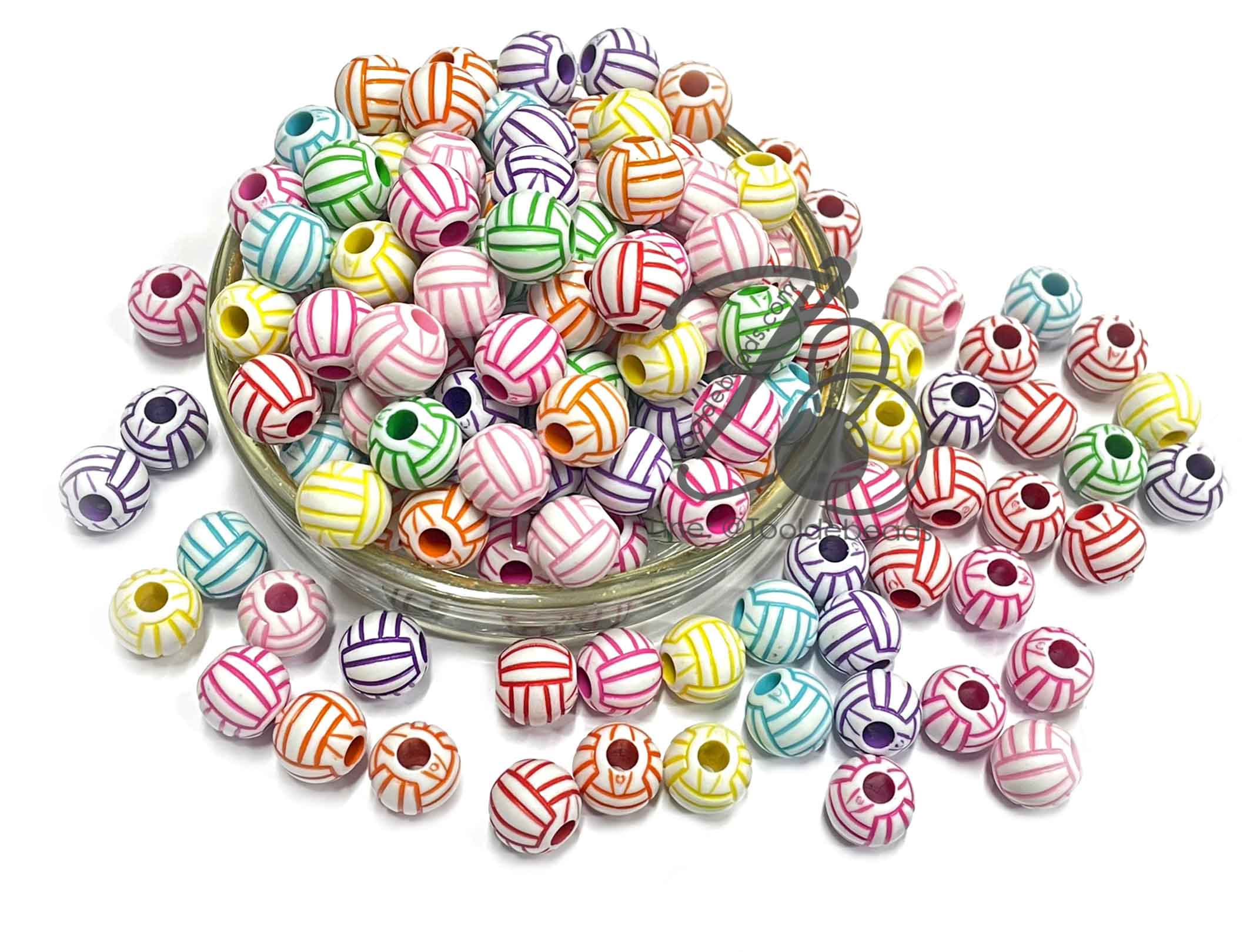 ลูกปัดอะคริลิค 11มม. ลายลูกวอลเลย์บอล พื้นขาว คละสีสด (100 กรัม) SKU-12926