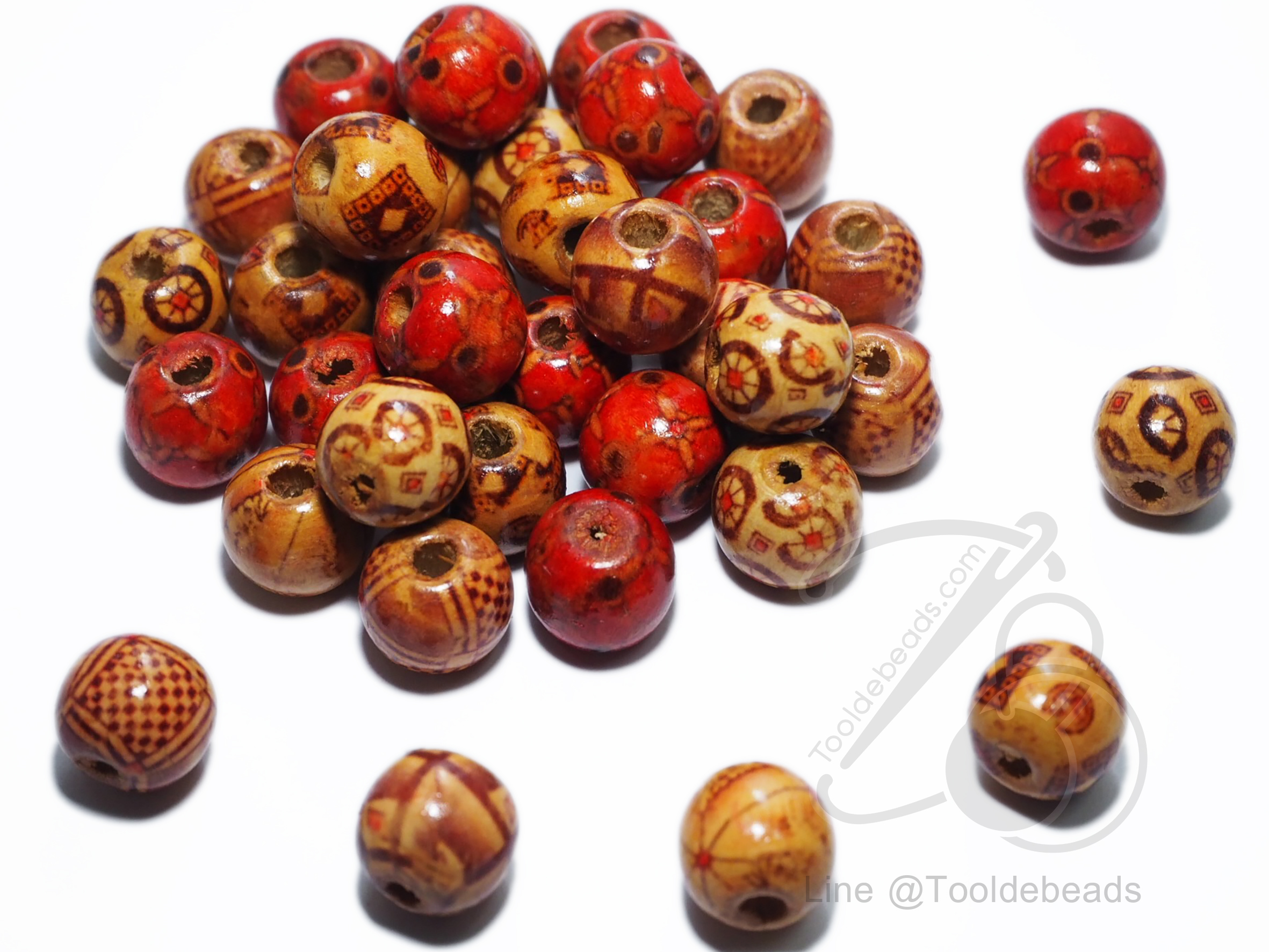 ลูกปัดไม้ 14มม. ทรงกลม เพนท์ลาย คละลาย (80 กรัม) SKU-03693