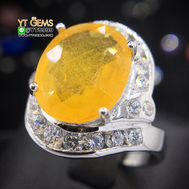 แหวนบุษราคัม แหวนล้อมเพชร แหวนเงินแท้ 92.5% ชุบทองคำขาว ประดับ พลอยบุษราคัมแท้ ตกแต่ง เพชรSwiss YTG-9781 YTGEMS