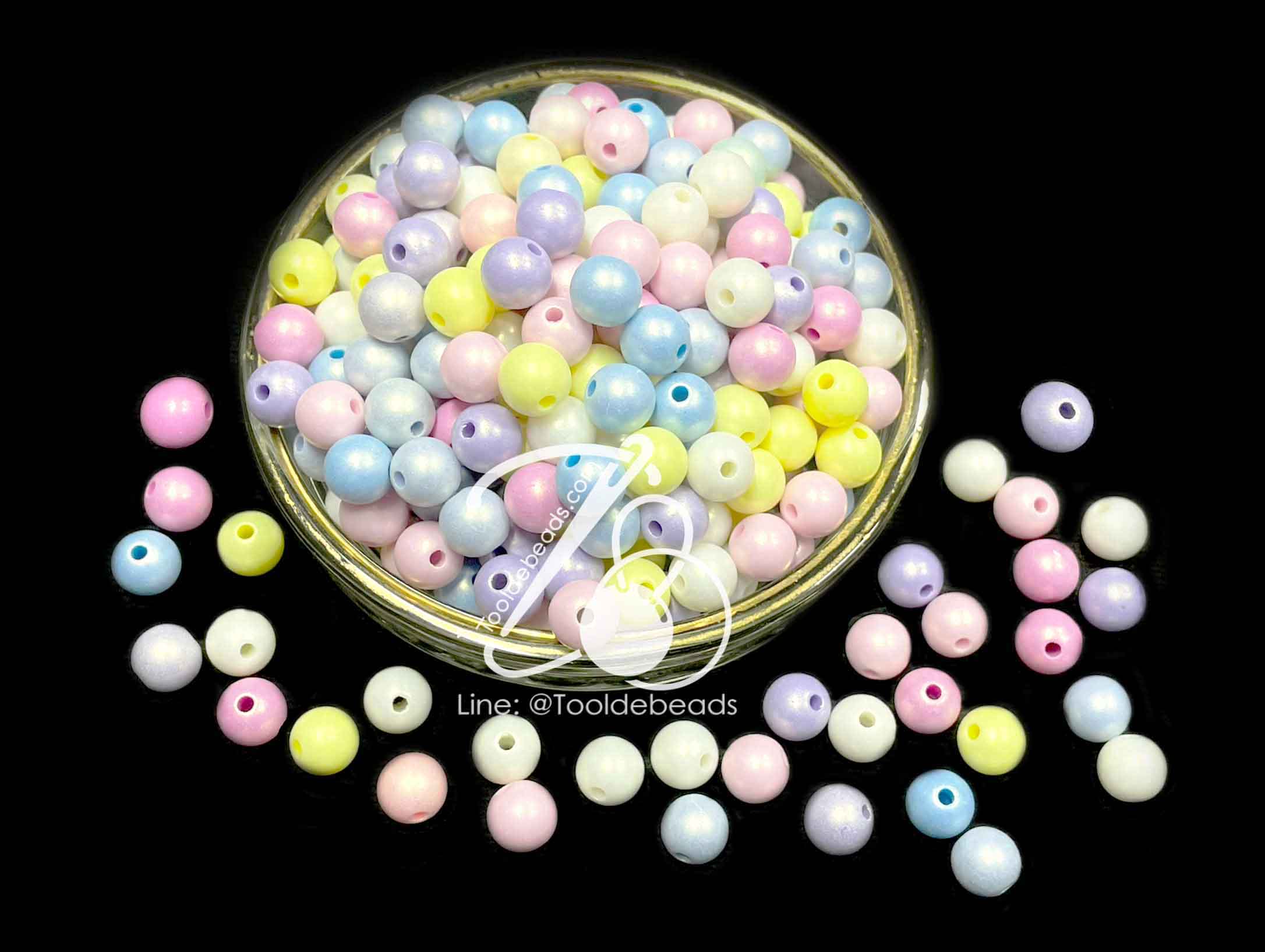 ลูกปัดพลาสติกเคลือบมุก 8มม. ทรงกลม คละสีอ่อน (50 กรัม) SKU-13023