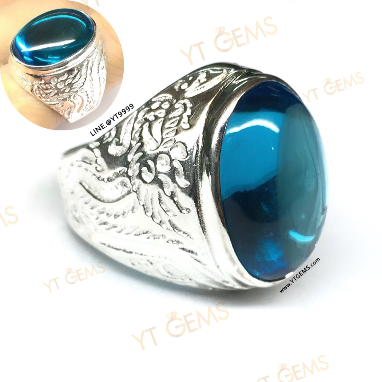 แหวนบลูโทแพซ ลายมังกร แหวนเงินแท้ พลอยบลูโทแพซ (CZ) YTG-11605 YTGEMS