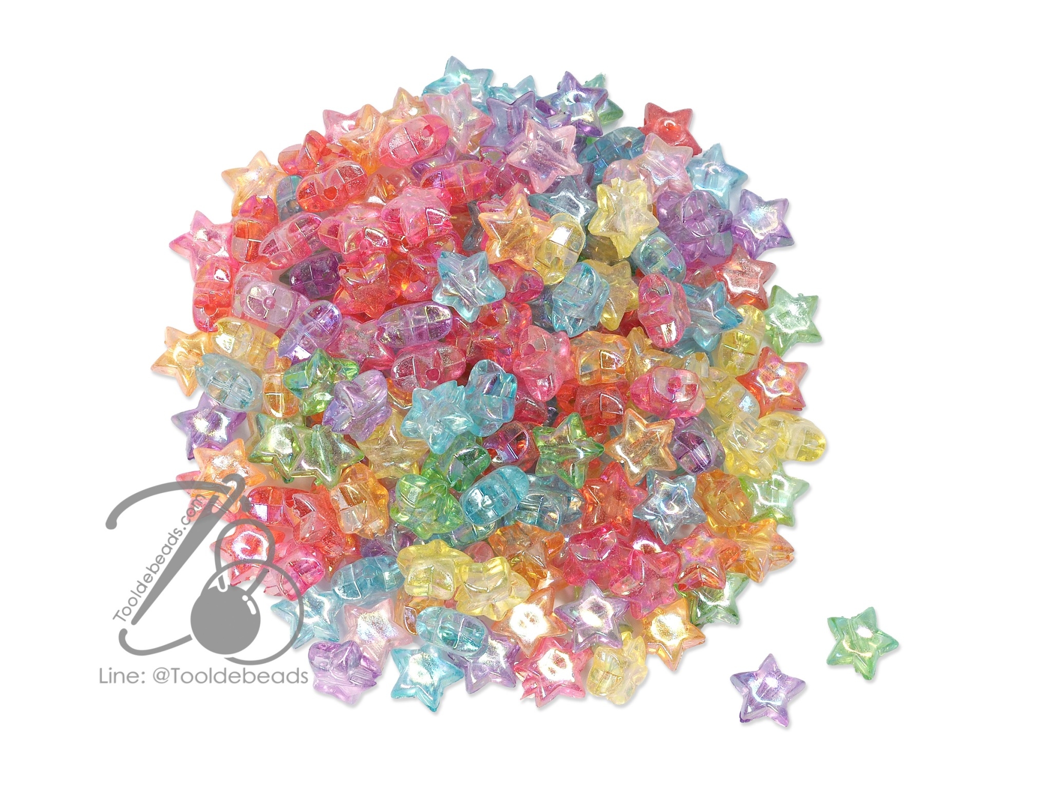 ลูกปัดพลาสติก เคลือบรุ้ง 10มม. ลายดาว คละสีใสรุ้ง (500 กรัม) SKU-12719