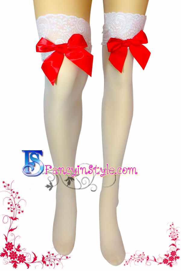 Stockings ถุงน่องเนื้อเนียนสีขาวขอบลูกไม้แต่งโบว์แดง