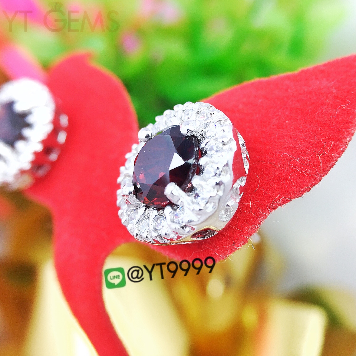 ต่างหูเงินแท้92.5% ชุบทองคำขาว พลอยโกเมน ประดับเพชรSwiss YTG-3221 YTGEMS