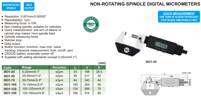 Non-Rotating Spindle Digital Micrometer