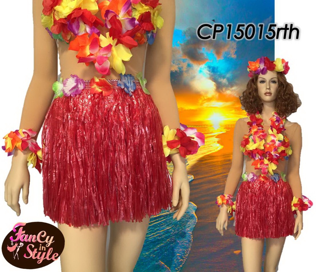 กระโปรงฮาวายแบบสั้นอย่างหนา ยาว 14 นิ้ว สีแดงรวมsetมาลัยดอกไม้ 4 ชิ้น/Short Hawaii Skirt Costume with flower set