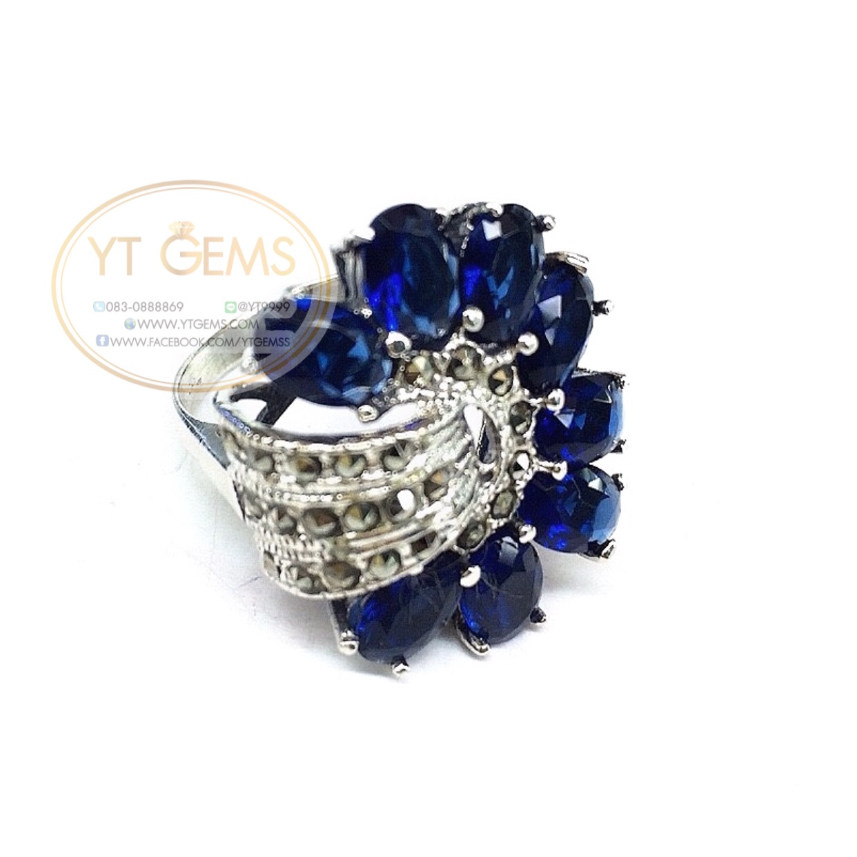 แหวนเงินแท้92.5% รมดำ พลอยไพลิน(cz) ตกแต่งแมกกาไซต์ YTG-5607 YTGEMS