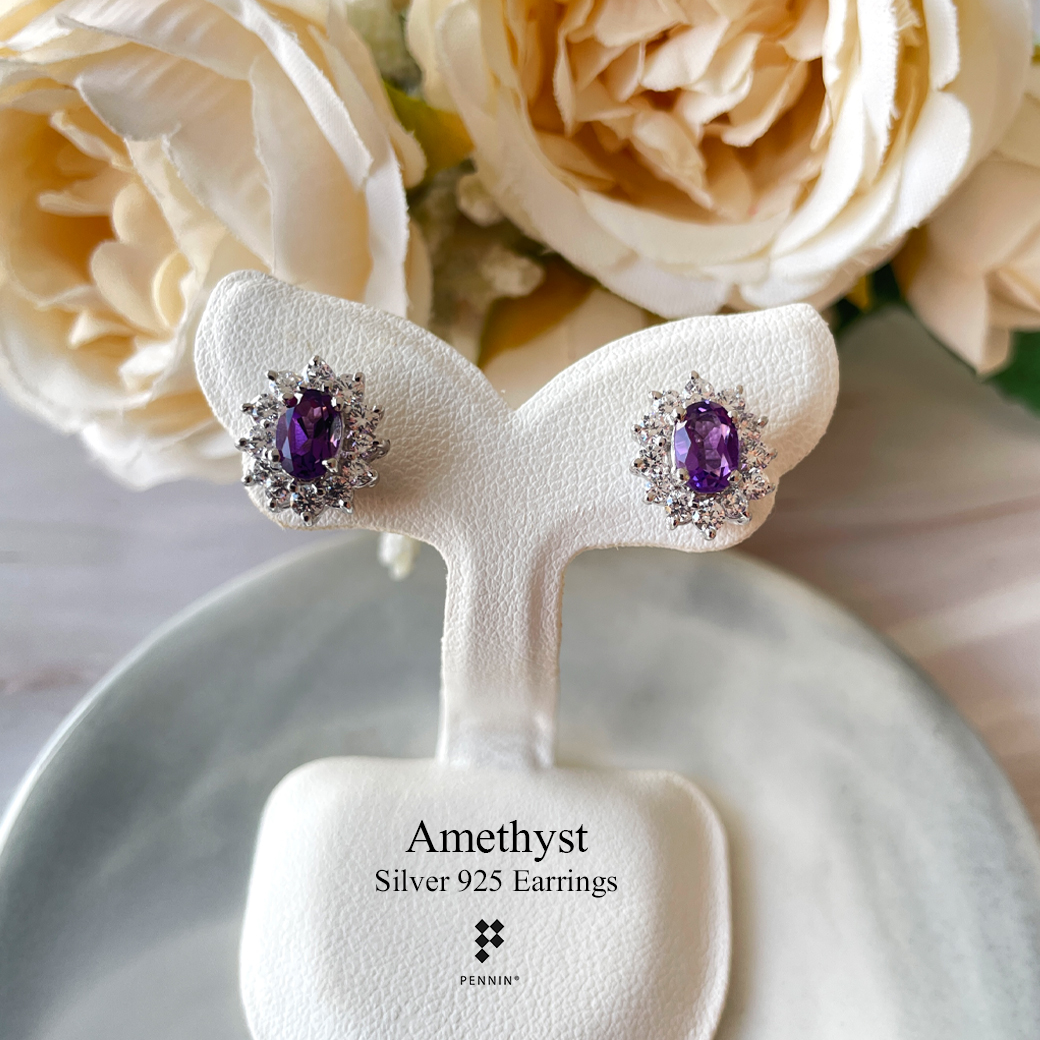 ต่างหู อเมทิสต์ Amethyst 6x4mm ล้อมเพชรสวิส CZ เกรด TOP 6A เงินแท้ชุบทองคำขาว ดีไซน์สวยหรูคลาสสิก