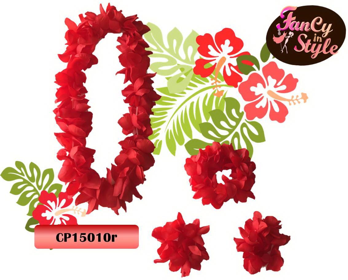 Hawaiian Costume Set/ เซ็ทพวงมาลัยดอกไม้ 4 ชิ้นสีแดง