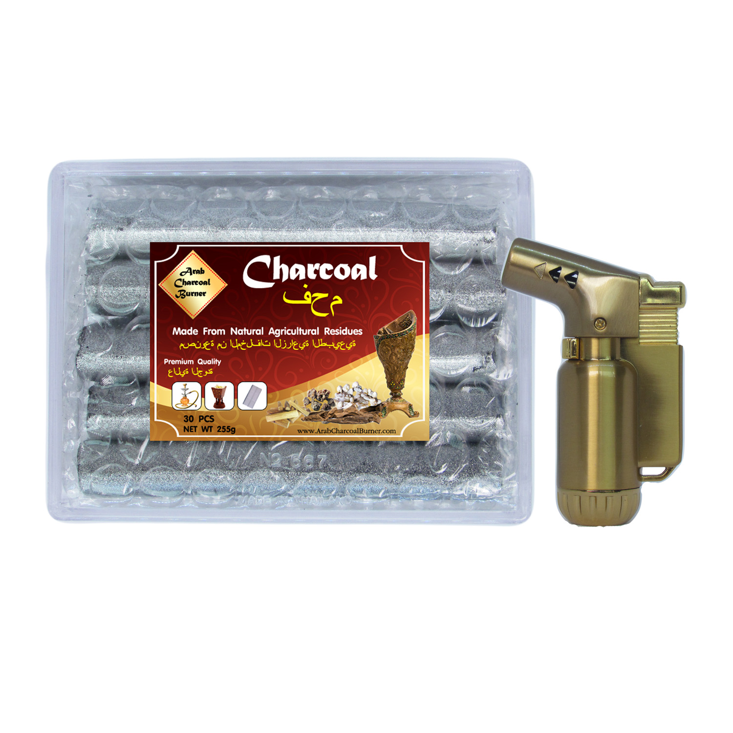 Arab Charcoal Burner ถ่าน ถ่านเผา ถ่านไม้ ถ่านพิเศษ ชาโคล สำหรับจุดไฟเผา ไม้กฤษณา ไม้จันทน์ กำยาน มดยอบ ยางไม้หอมทุกชนิด ทำจากธรรมชาติ 100% ไร้กลิ่น ไร้ควัน ไม่มีประกายไฟ ปลอดภัย ไร้สารเคมี 100% + ไฟแช็คไอพ่น ไฟฟู่ หัวพ่น คุณภาพสูง ให้ไฟเสถียร สม่ำเสมอ ปร