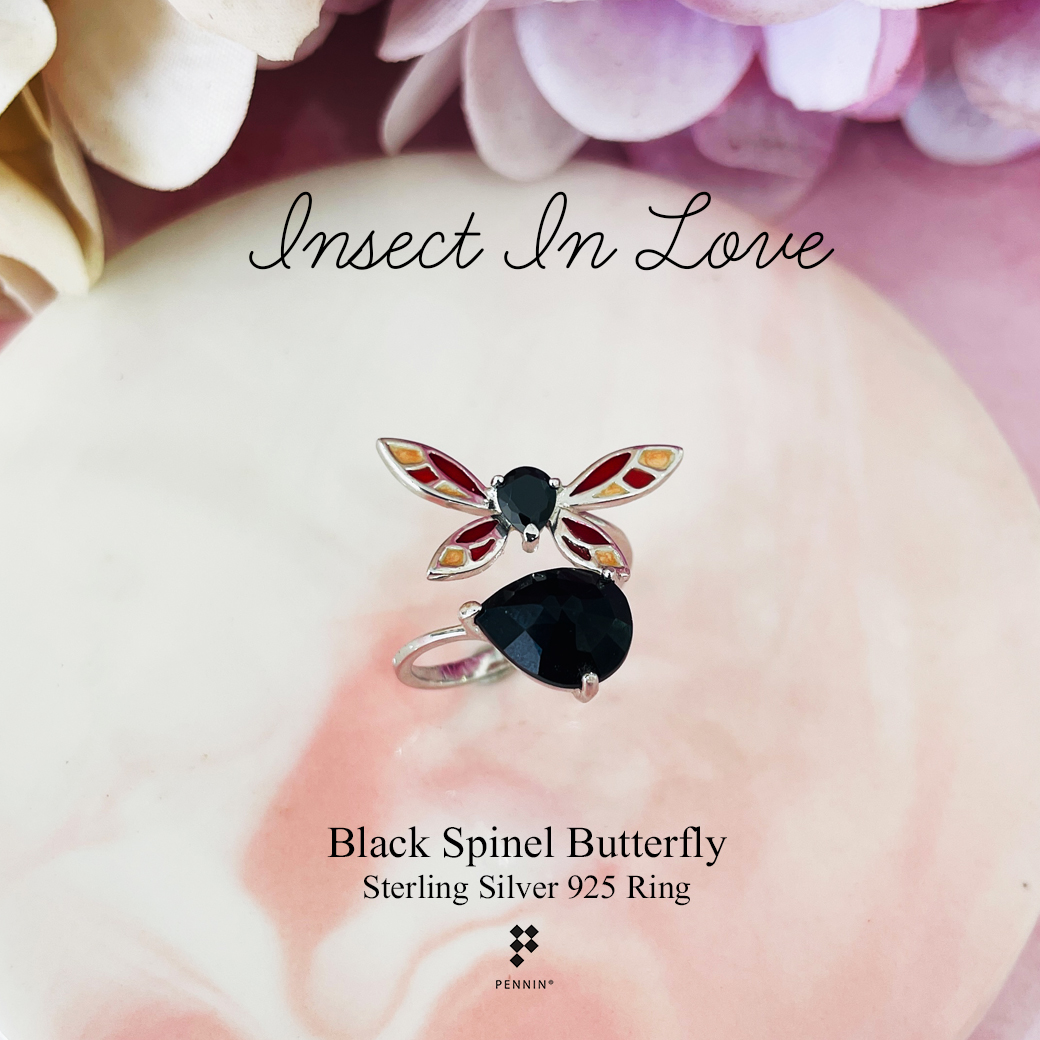 Insect In Love แหวนผีเสื้อปีกสีแดง พลอยนิล ลงยาสี Enamel เงินแท้ชุบทองคำขาว