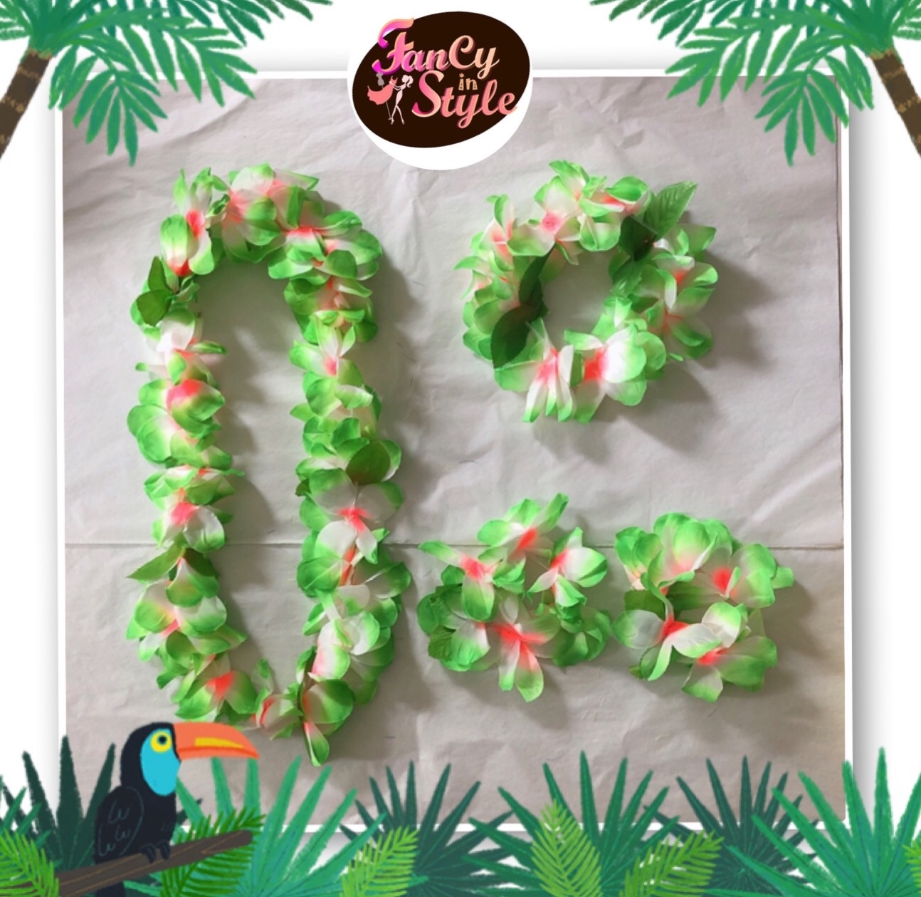 Hawaiian Costume Set/ เซ็ทพวงมาลัยดอกไม้ 4 ชิ้นสีเขียว
