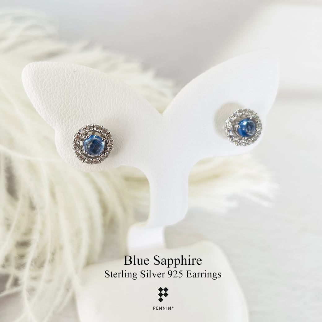 E22820 ต่างหูไพลิน หลังเบี้ย กลม 4mm ล้อมเพชร CZ ถอดได้ แบบเสียบ เงินชุบทองคำขาว