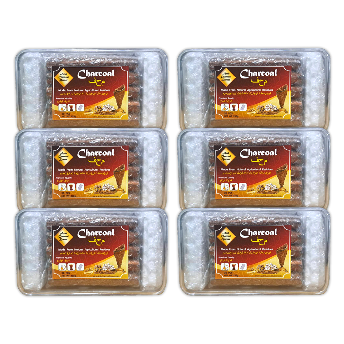 Arab Charcoal Burner ถ่าน ถ่านเผา ถ่านไม้ ถ่านพิเศษ ชาโคล สำหรับจุดไฟเผา ชิช่า บารากุ ทำจากธรรมชาติ 100% ไร้กลิ่น ไร้ควัน ไม่มีประกายไฟ ปลอดภัย ไร้สารเคมี จุดนานถึง 4 - 5 ชมต่อชิ้น - 6 กล่อง