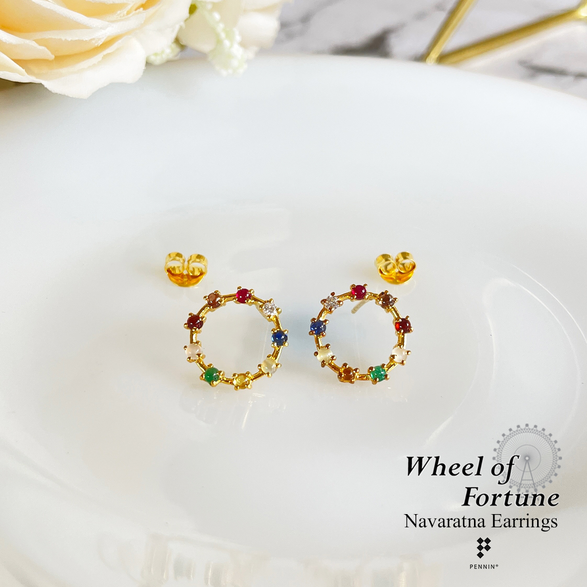 [SALE20%]ต่างหูนพเก้า Wheel of Fortune พลอยนพเก้าตามตำราไทยแท้ เงินแท้ 925 ชุบทองคำ