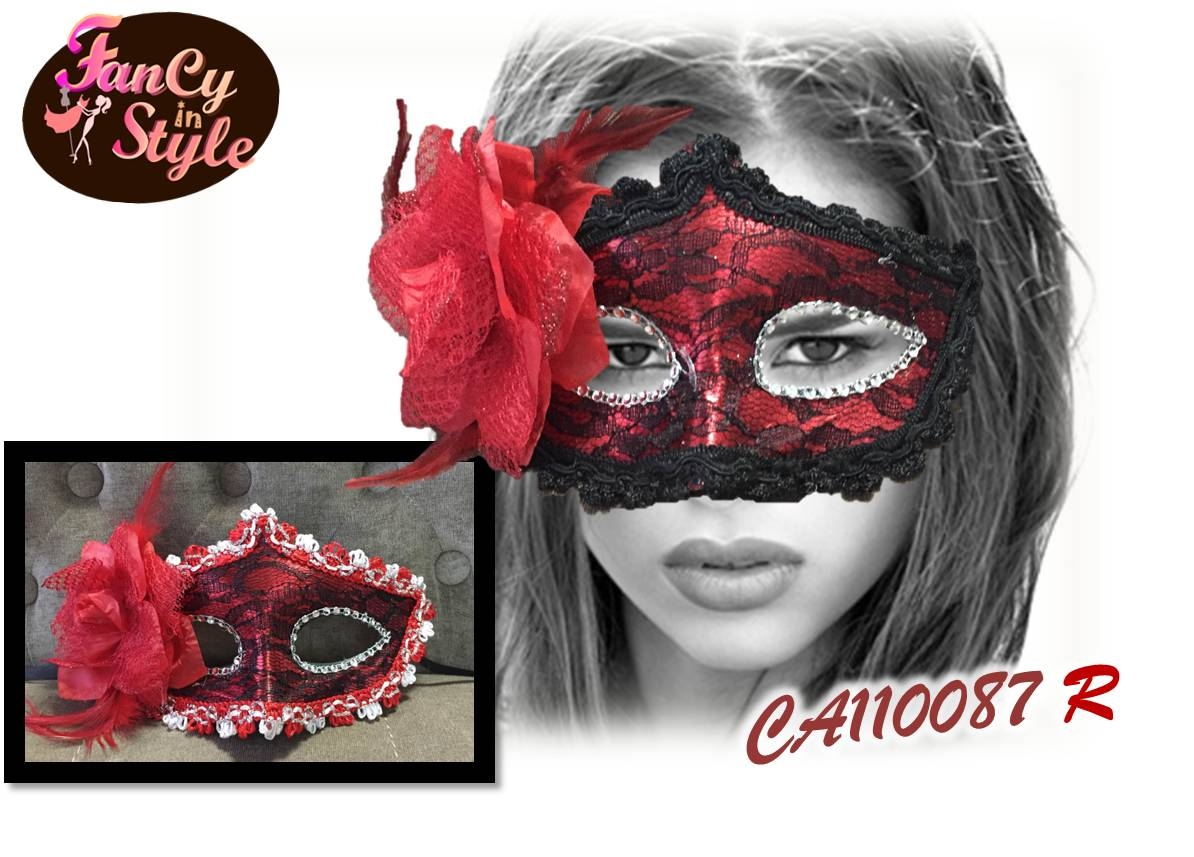 Fancy Mask/หน้ากากแฟนซีสีแดงแต่งดอกไม้และขนนก