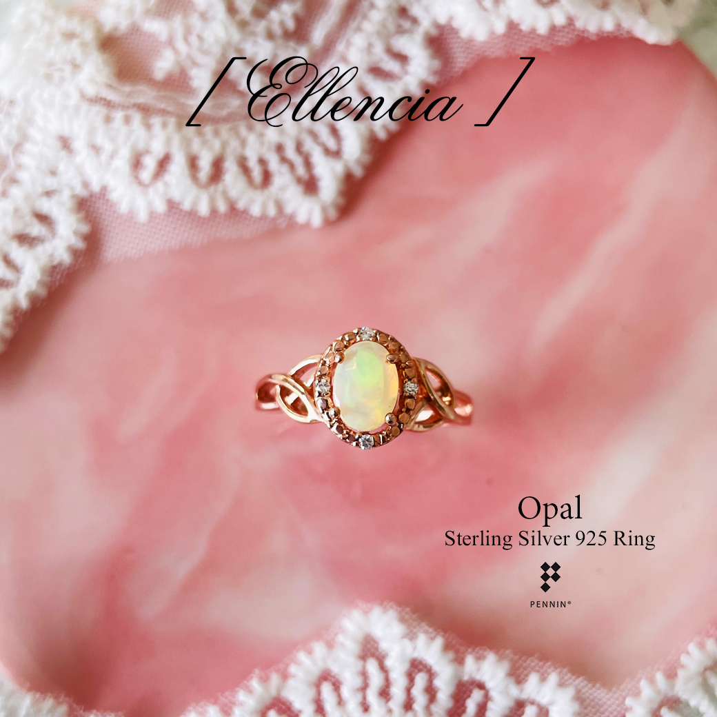 ELLENCIA: แหวน Opal เจียน้ำ 7x5mm ล้อมเพชร CZ ลายใบไม้ ชุบ Pink Gold แนววินเทจ สวยหวานดุจเจ้าหญิง